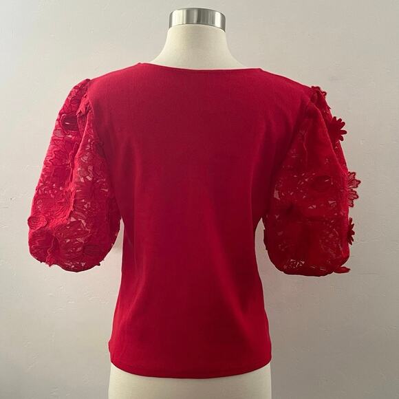 Anthropologie Dolan Puff Sleeve Top Ribbed Lace Floral Appliqué Red Large NWOT - Picture 3 of 10